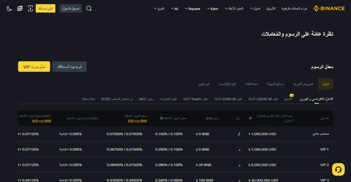 صفحة نظرة عامة على الرسوم والمعاملات في Binance بالعربية، وتظهر فيها تبويبة الأسهم ضمن تبويبات معدّل الرسوم