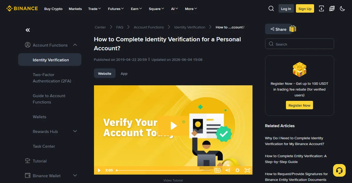 Binance help centre article &ldquo;How to Complete Identity Verification for a Personal Account&rdquo;, with the account functions menu on the left