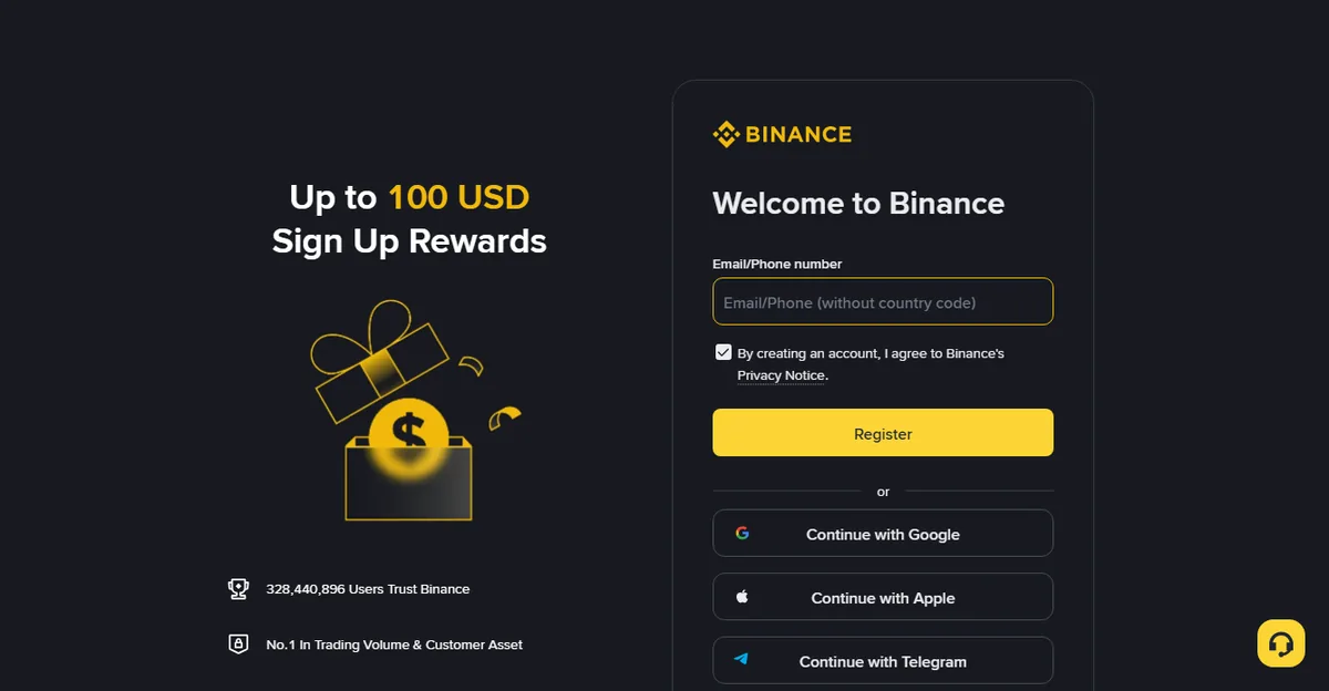 Binance sign-up page: a single email or phone field and a register button