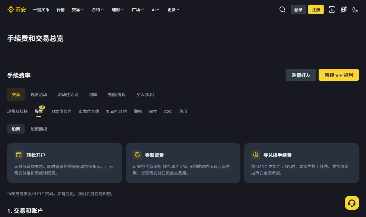 币安手续费页的「股票」标签页，首屏三张卡分别写着无维护费或休眠费、零监管费、零兑换手续费