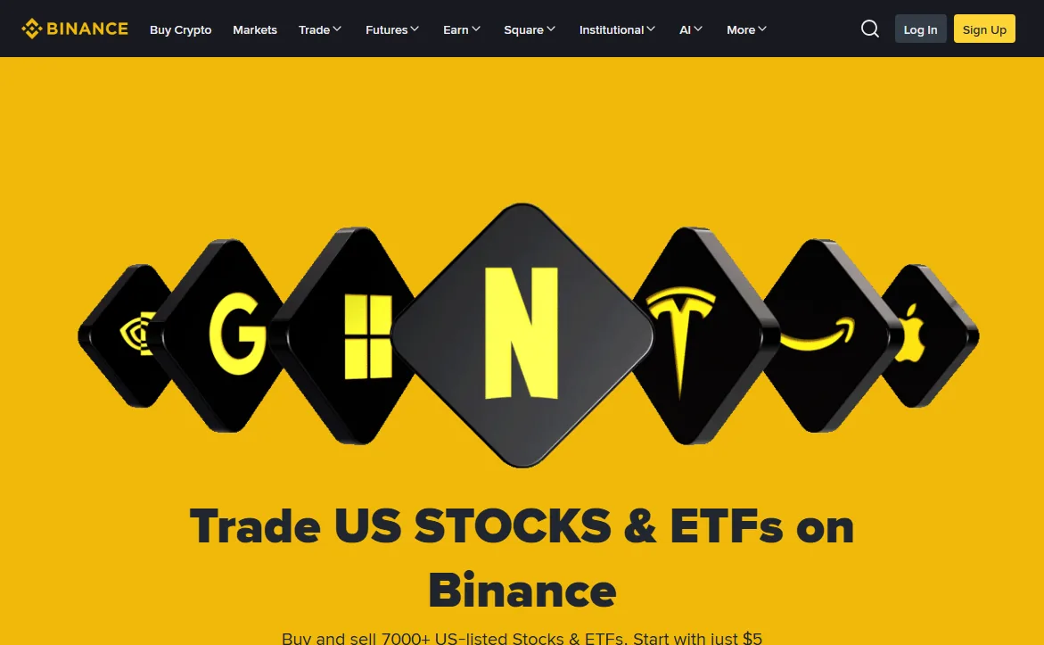 Top of the Binance stocks product page: headline Trade US STOCKS and ETFs on Binance, with a subline reading buy and sell 7000+ US-listed stocks and ETFs, start with just $5